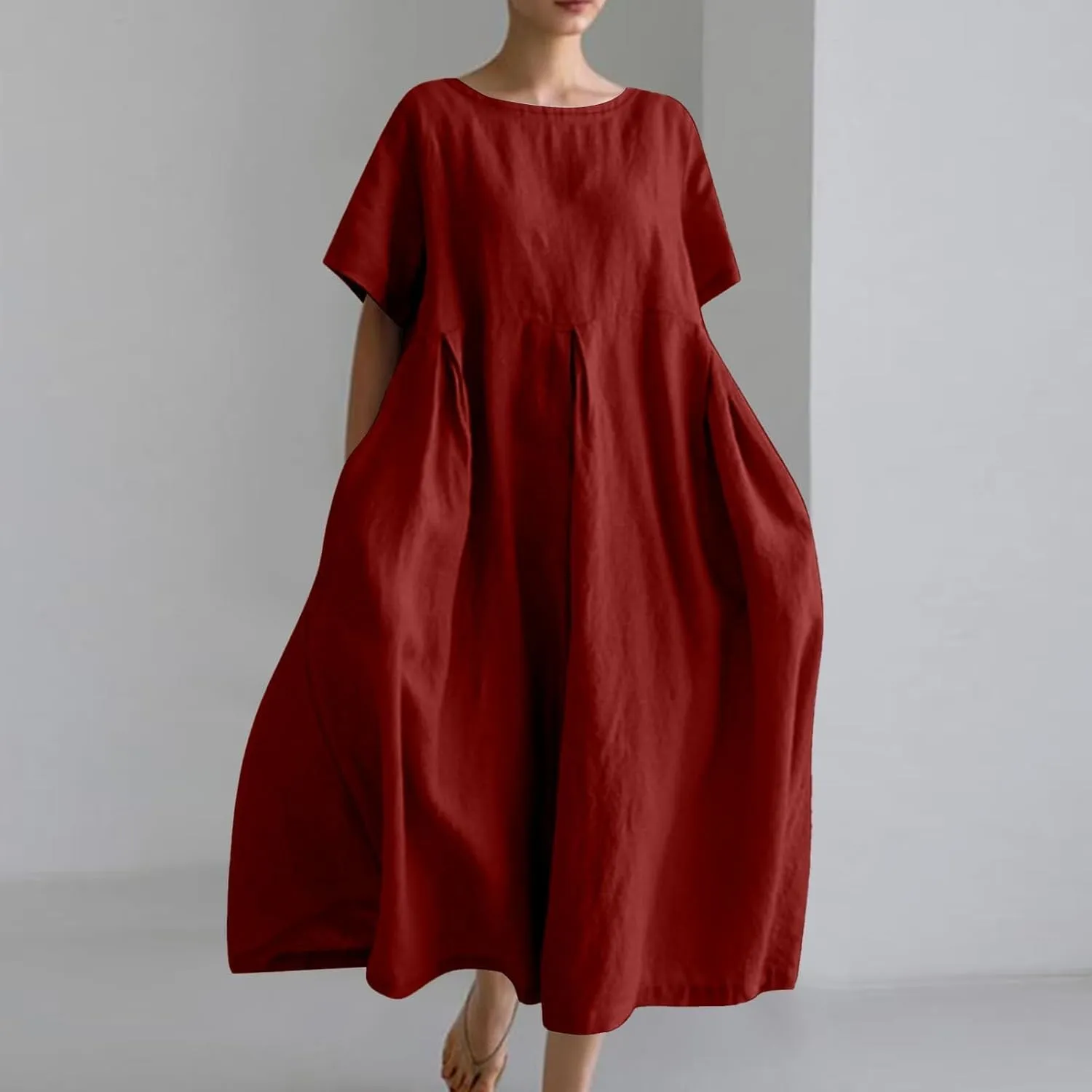 Casual Cotton Linen Dress for Women Crew Neck Long Sleeve Flowy Plus Size Summer Daily Maxi Dress with Pockets