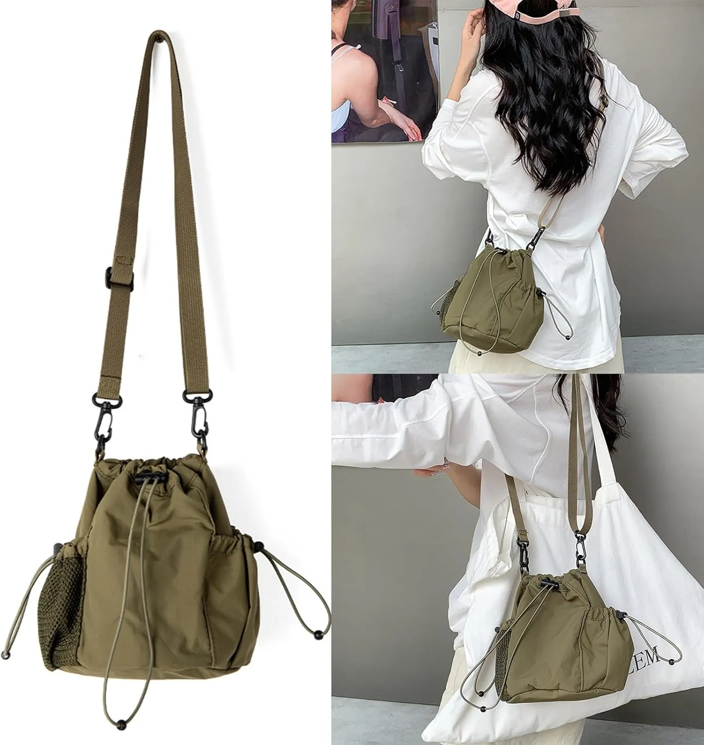 Casual Nylon Bucket Bag with Drawstring Pleats Shoulder Pack Adjustable Strap Satchel Crossbody Purse for Women
