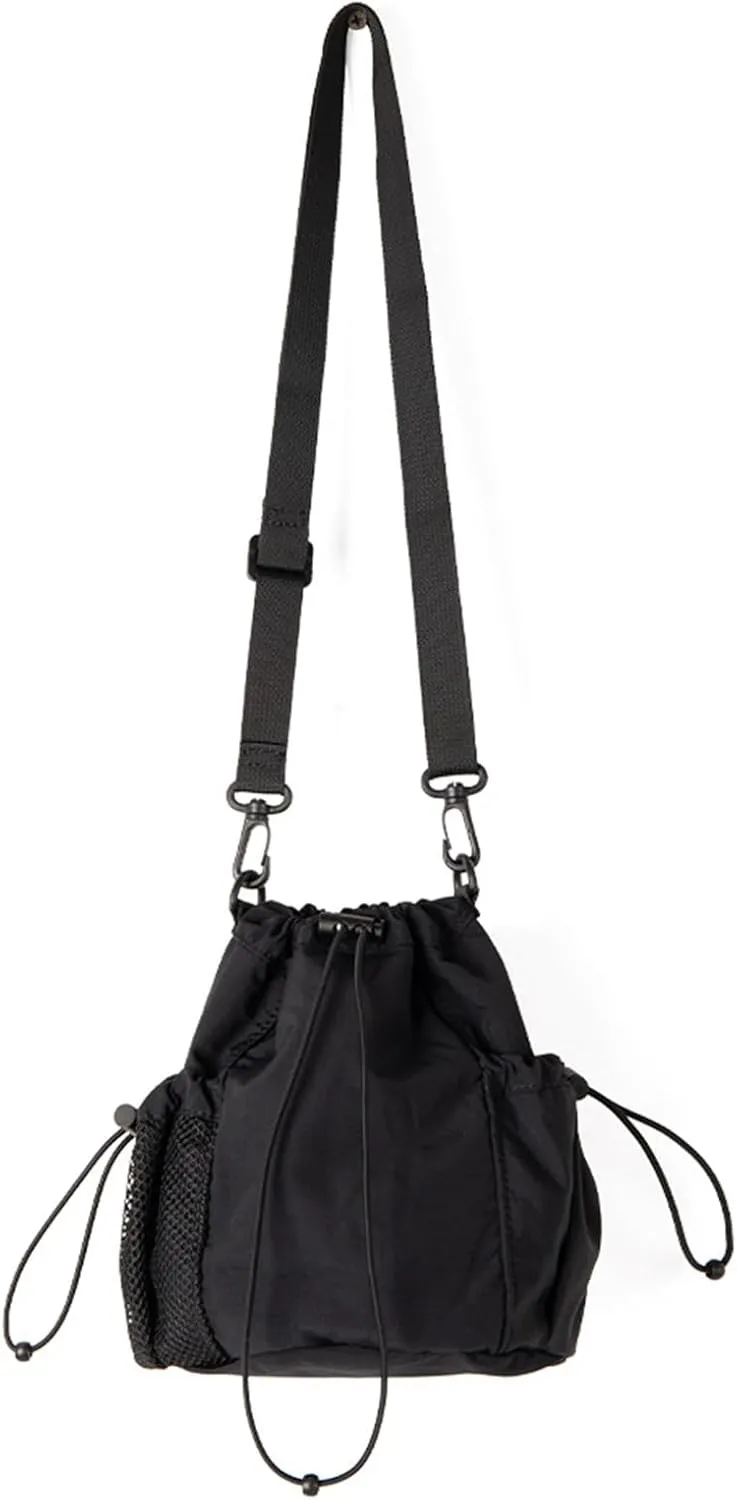Casual Nylon Bucket Bag with Drawstring Pleats Shoulder Pack Adjustable Strap Satchel Crossbody Purse for Women