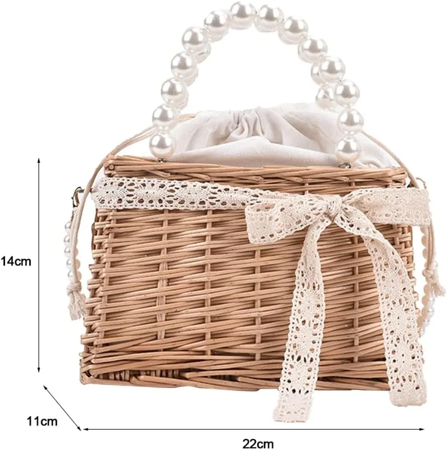 Casual Rattan Woven Women Shoulder Crossbody Bags Pearl Chain Basket Drawstring Top-handle Handbags