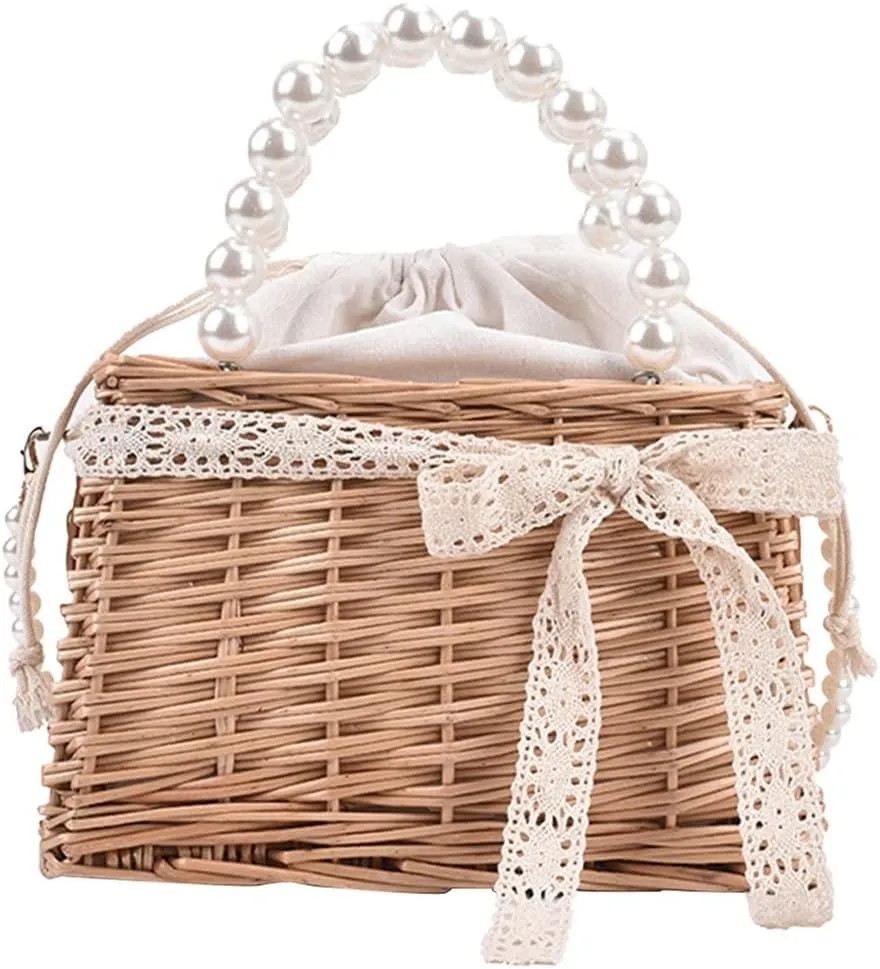 Casual Rattan Woven Women Shoulder Crossbody Bags Pearl Chain Basket Drawstring Top-handle Handbags