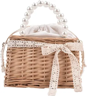 Casual Rattan Woven Women Shoulder Crossbody Bags Pearl Chain Basket Drawstring Top-handle Handbags