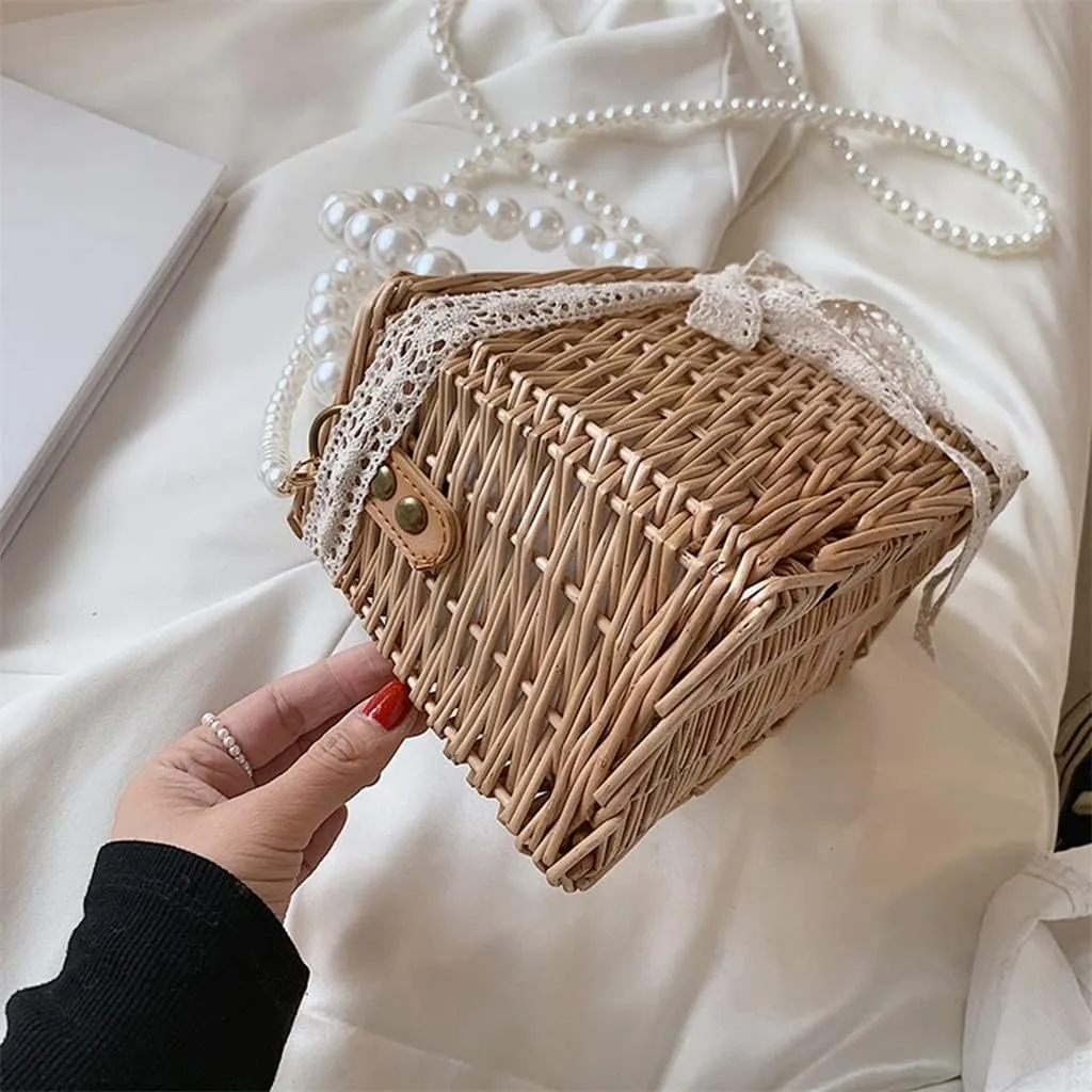 Casual Rattan Woven Women Shoulder Crossbody Bags Pearl Chain Basket Drawstring Top-handle Handbags