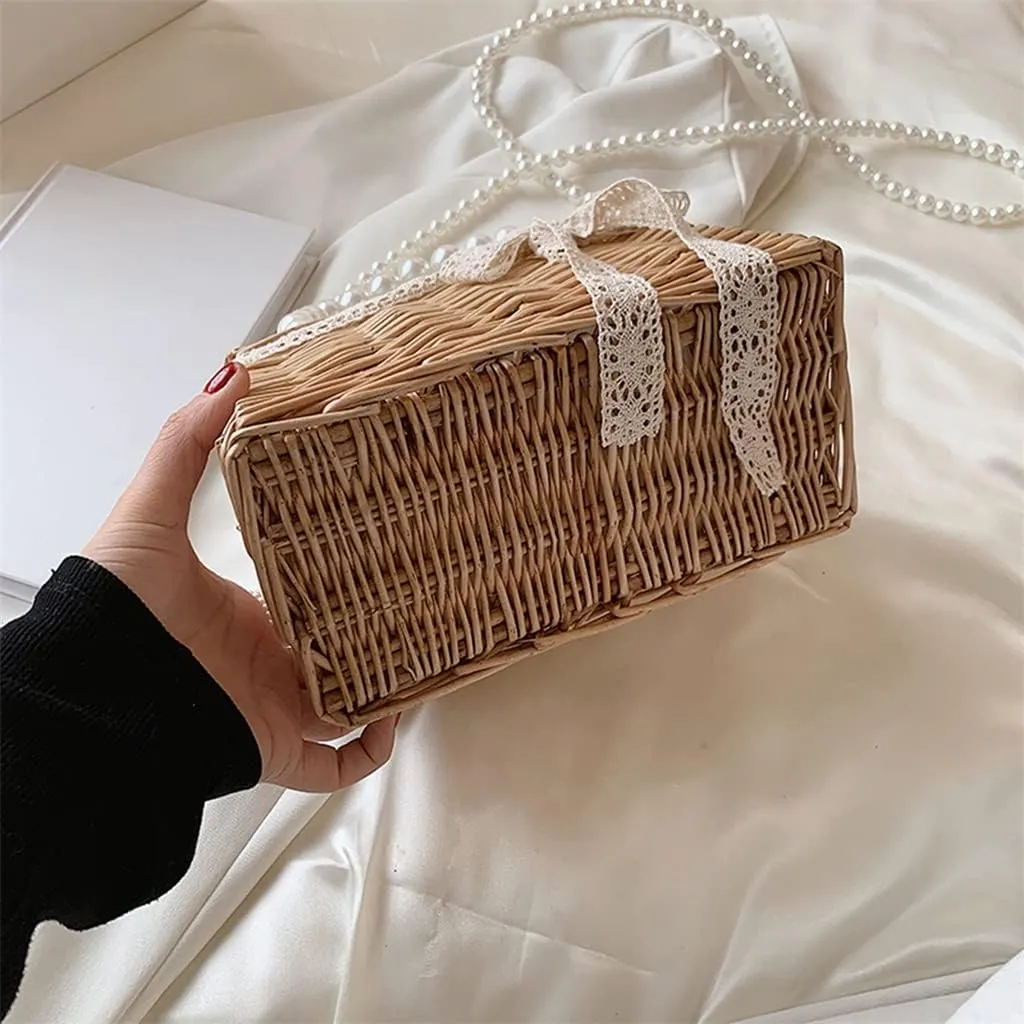 Casual Rattan Woven Women Shoulder Crossbody Bags Pearl Chain Basket Drawstring Top-handle Handbags
