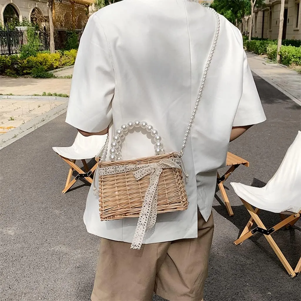 Casual Rattan Woven Women Shoulder Crossbody Bags Pearl Chain Basket Drawstring Top-handle Handbags