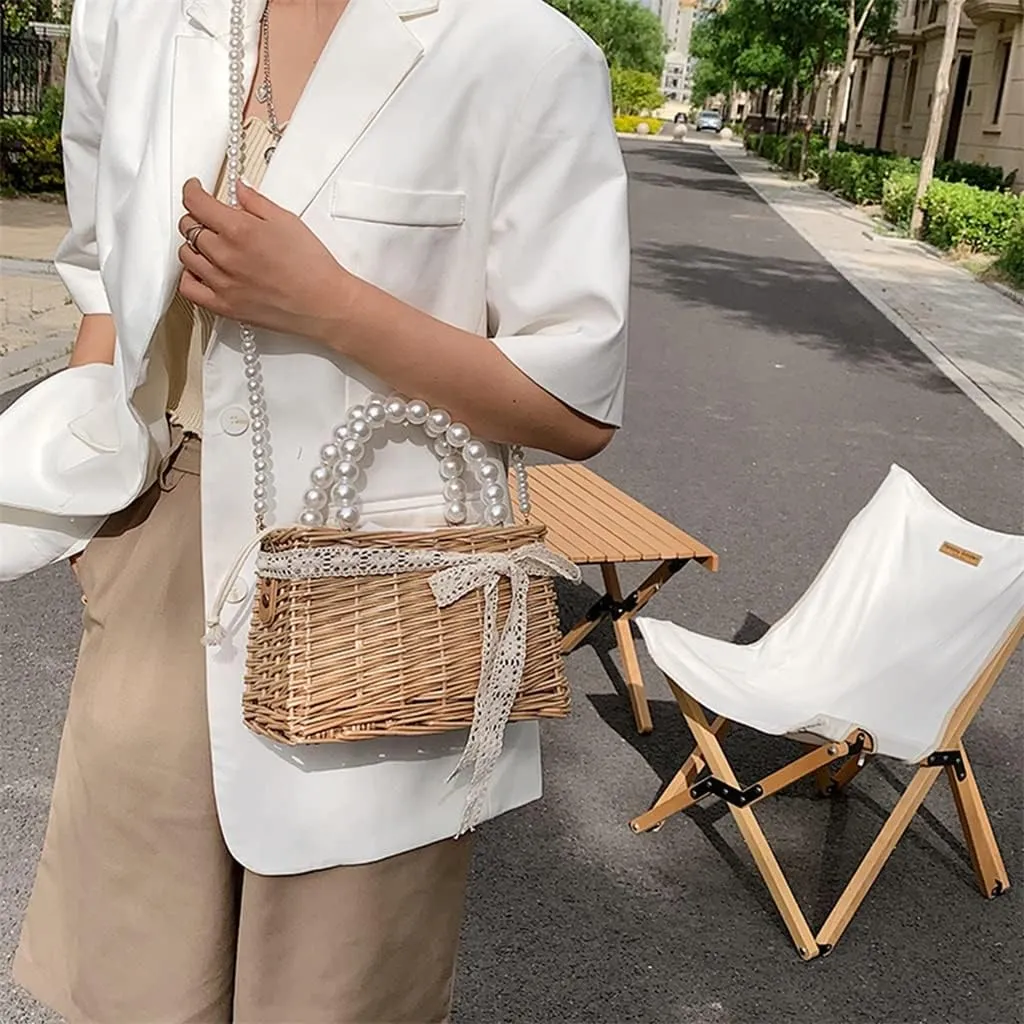 Casual Rattan Woven Women Shoulder Crossbody Bags Pearl Chain Basket Drawstring Top-handle Handbags