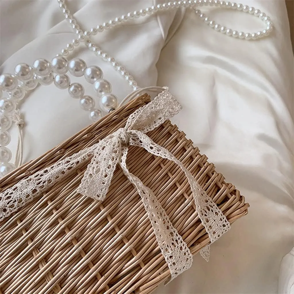 Casual Rattan Woven Women Shoulder Crossbody Bags Pearl Chain Basket Drawstring Top-handle Handbags