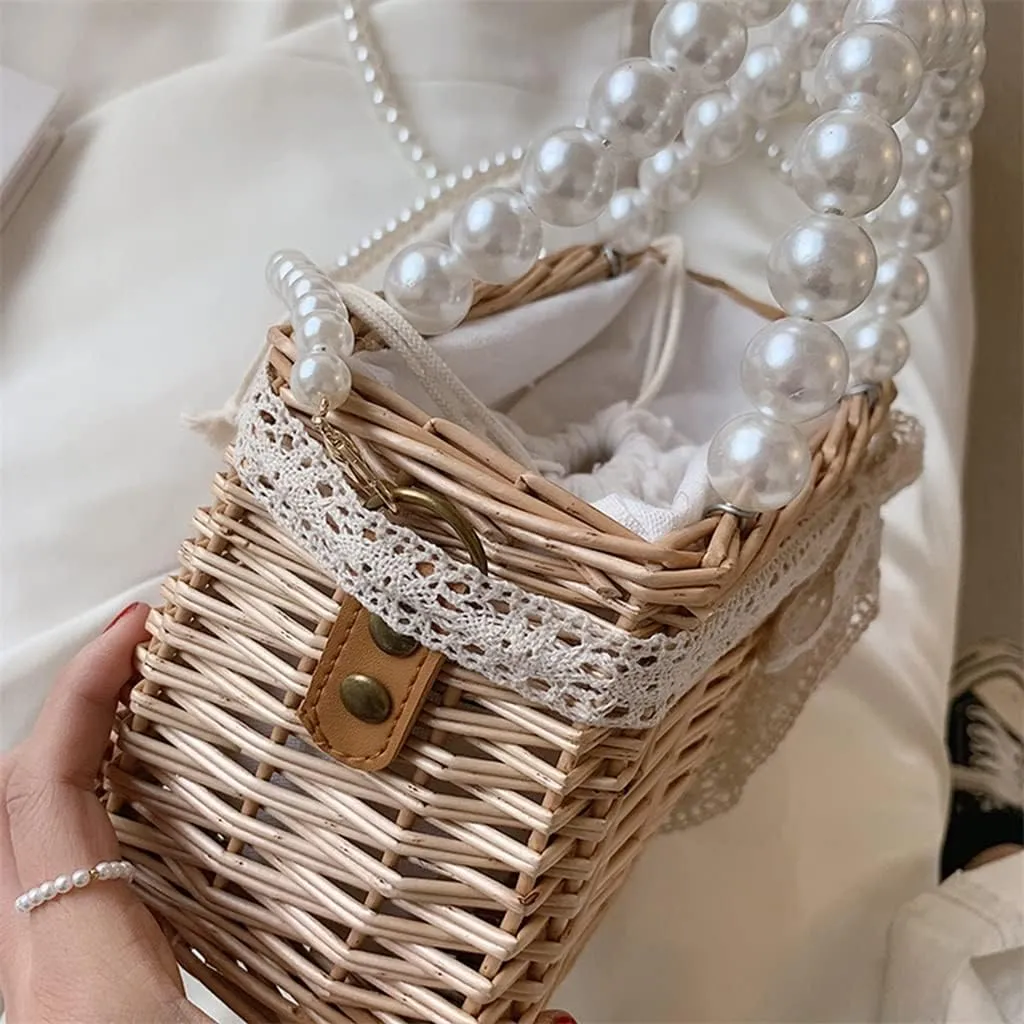 Casual Rattan Woven Women Shoulder Crossbody Bags Pearl Chain Basket Drawstring Top-handle Handbags