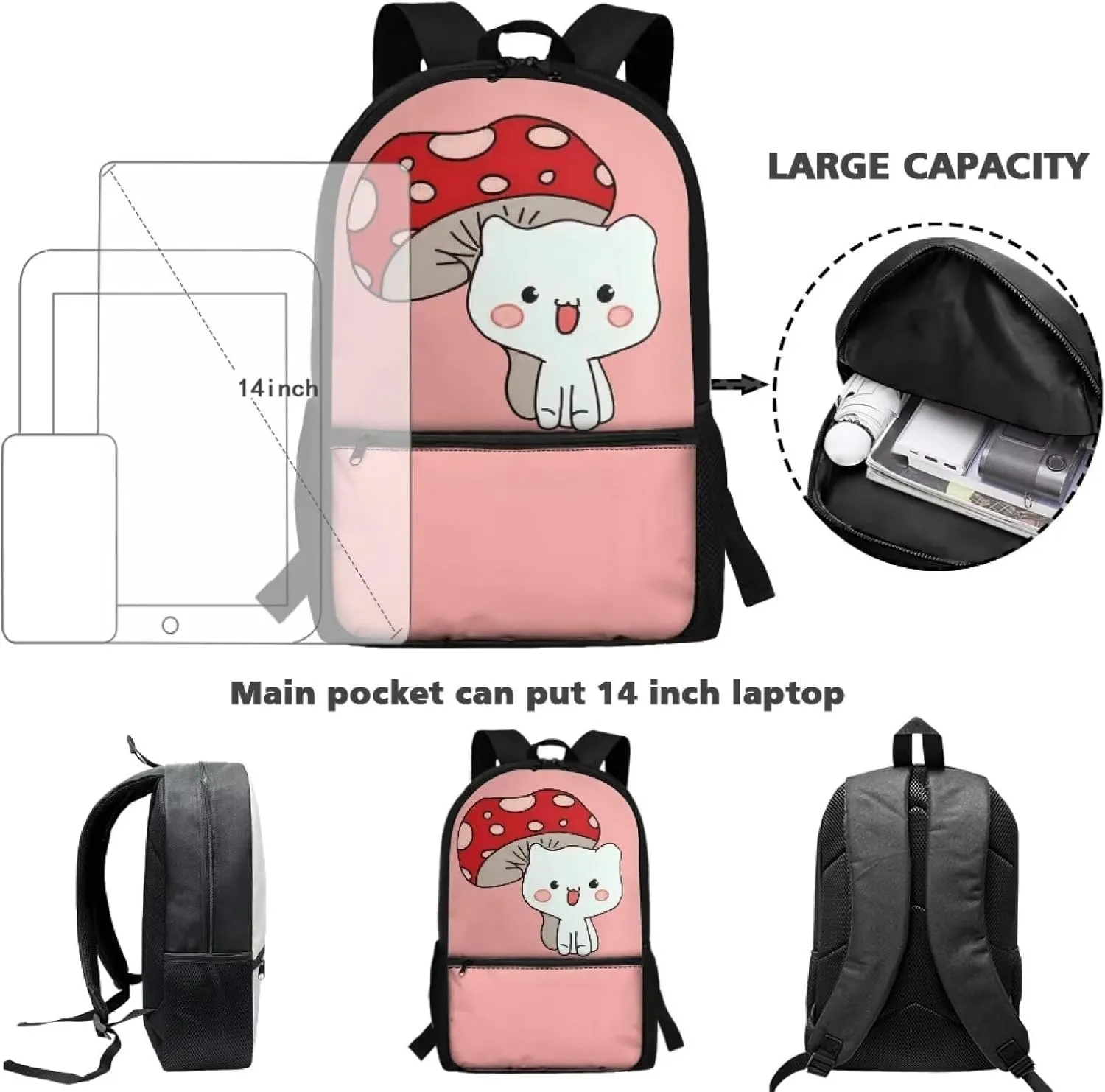 Cat Backpack for School Girls 6th Grade Mushroom Kitten Bookbag for Kids 8-10/12-14 Elementary Book Bag Middle School Bag Student Schoolbag 17inch Back Pack