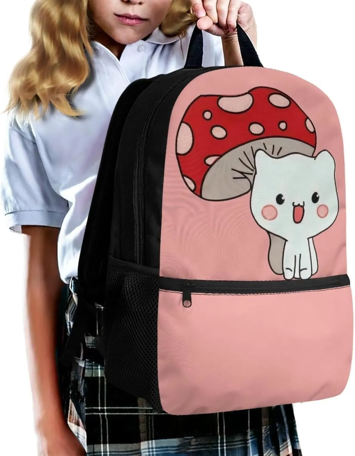 Cat Backpack for School Girls 6th Grade Mushroom Kitten Bookbag for Kids 8-10/12-14 Elementary Book Bag Middle School Bag Student Schoolbag 17inch Back Pack