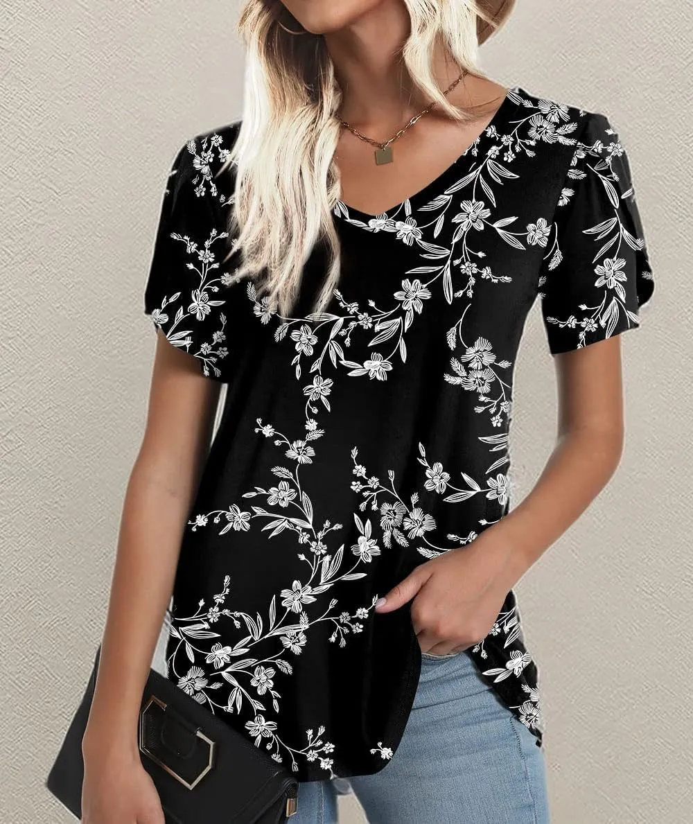 CATHY 2025 Womens Tops Summer Short Sleeve V Neck Tunic T-Shirts Blouse S-4XL