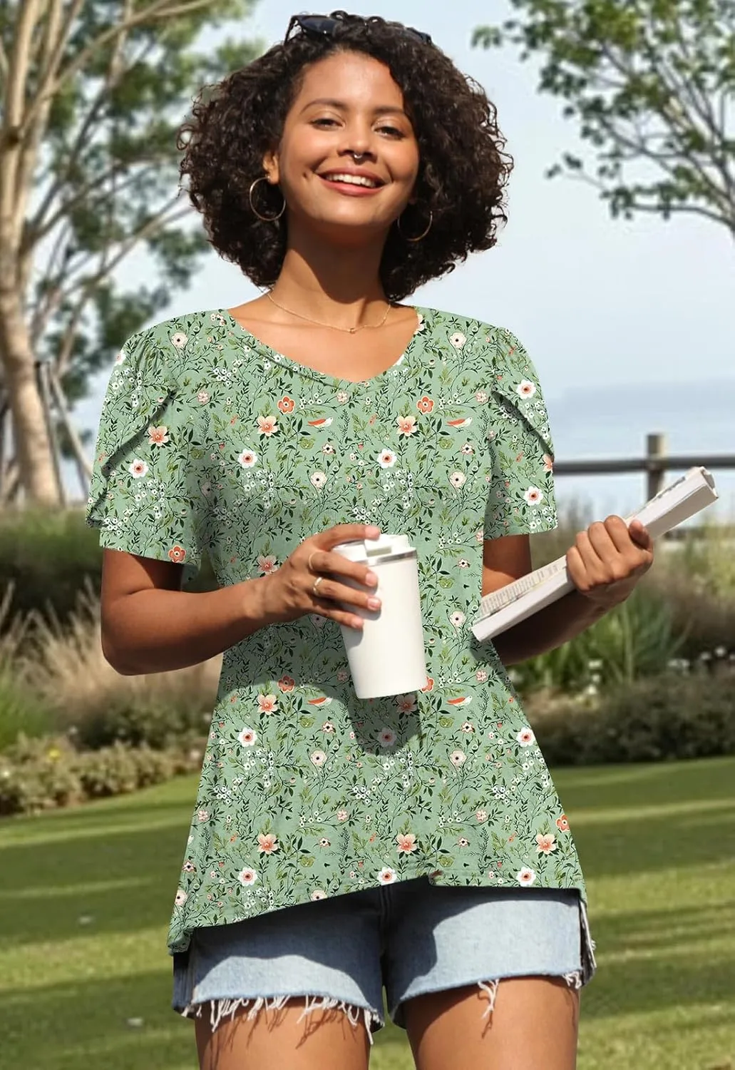 CATHY 2025 Womens Tops Summer Short Sleeve V Neck Tunic T-Shirts Blouse S-4XL