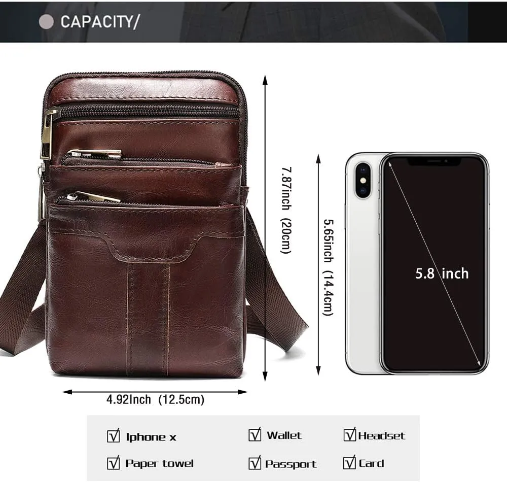 Cell Phone Shoulder Bag Leather Men's, Cell Phone Belt Waist Pouch Business Travel Bag Crossbody Wallet Messenger Bag