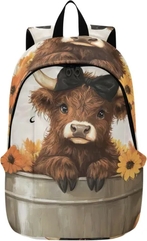 CHIFIGNO Print Casual Womens Daypack Cute Backpack Waterproof Autumn Highland Cow Pumpkin Cool Bookbag for Teen Girls