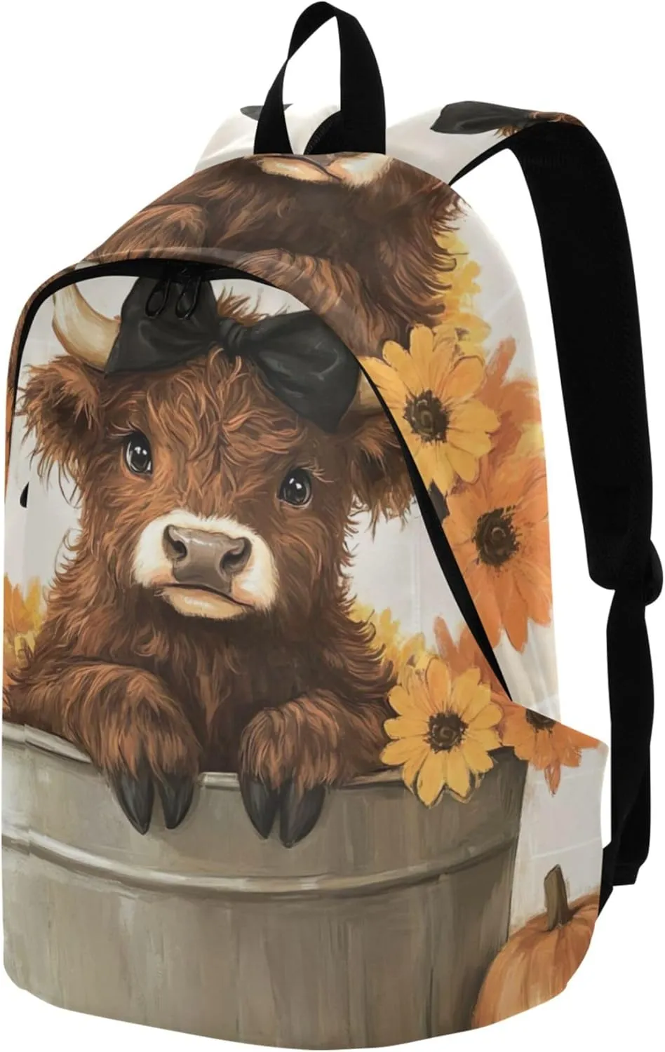 CHIFIGNO Print Casual Womens Daypack Cute Backpack Waterproof Autumn Highland Cow Pumpkin Cool Bookbag for Teen Girls