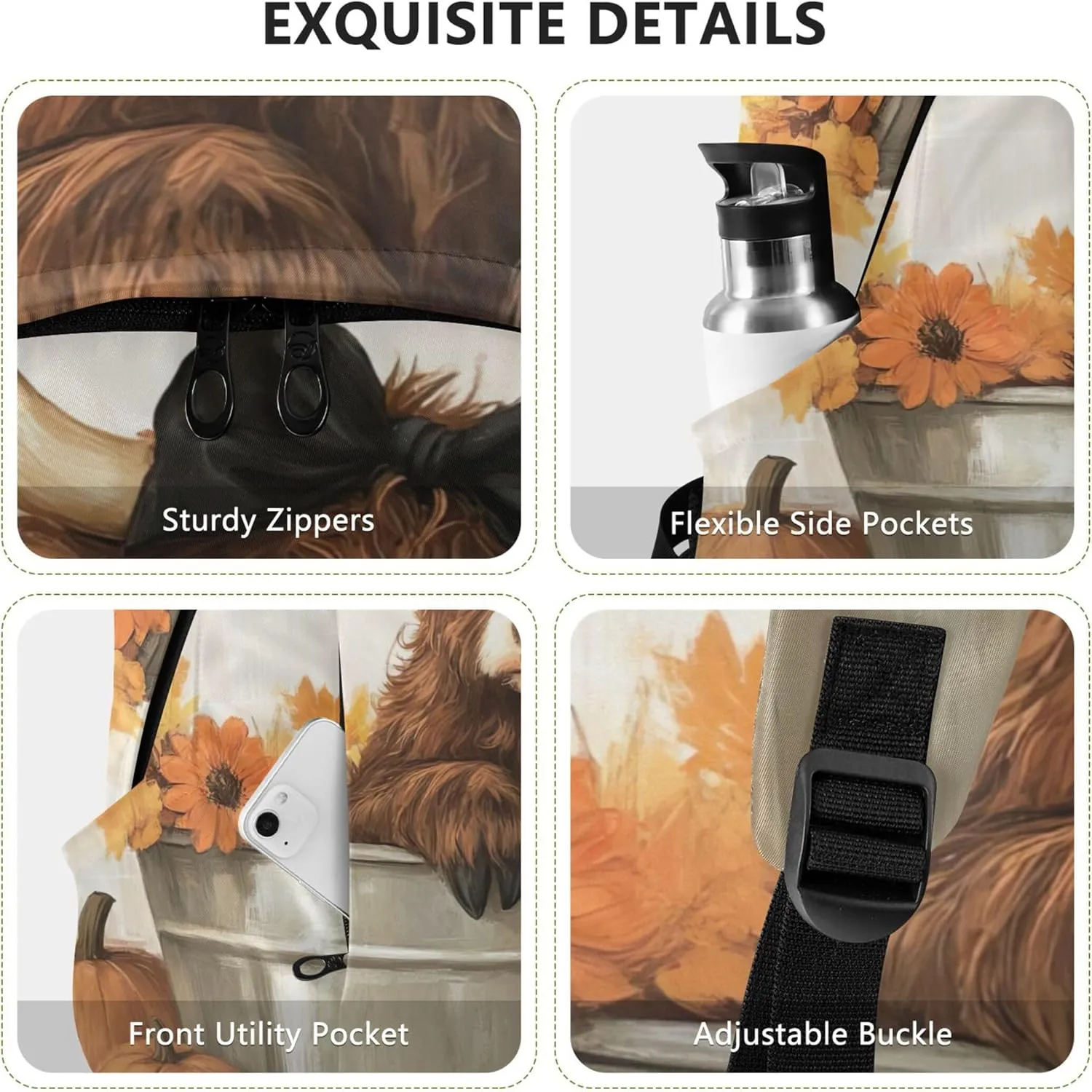 CHIFIGNO Print Casual Womens Daypack Cute Backpack Waterproof Autumn Highland Cow Pumpkin Cool Bookbag for Teen Girls