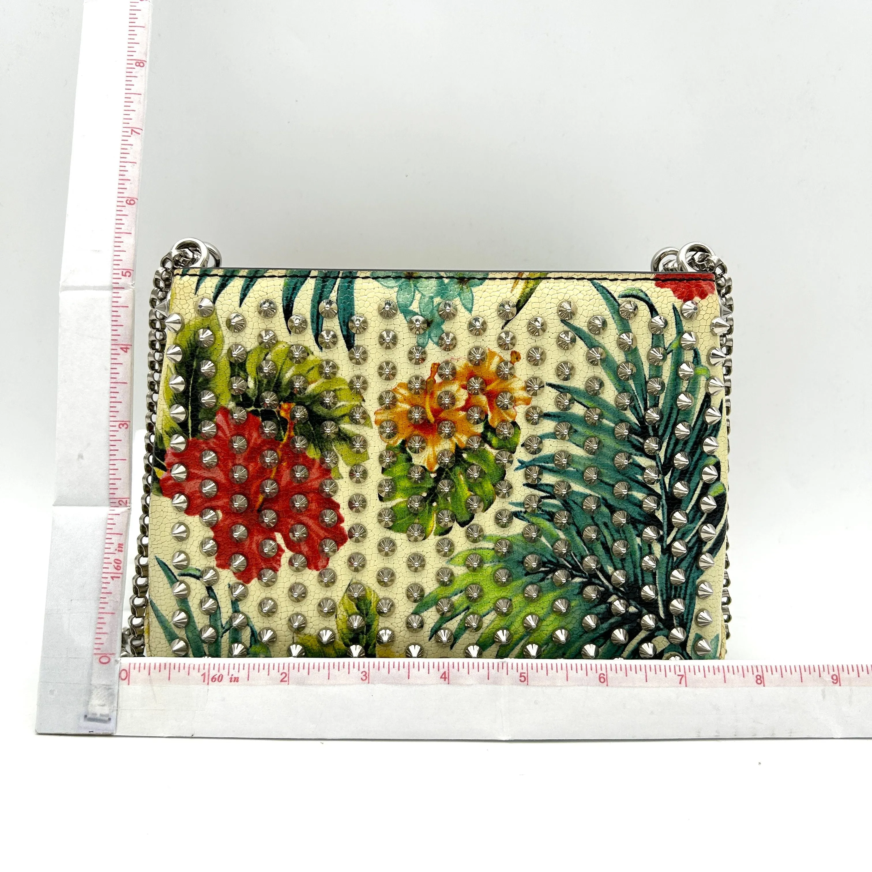 CHRISTIAN LOUBOUTIN Calfskin Studded Floral Mosaic Loubiclutch Crossbody Clutch White Multicolor LA13055