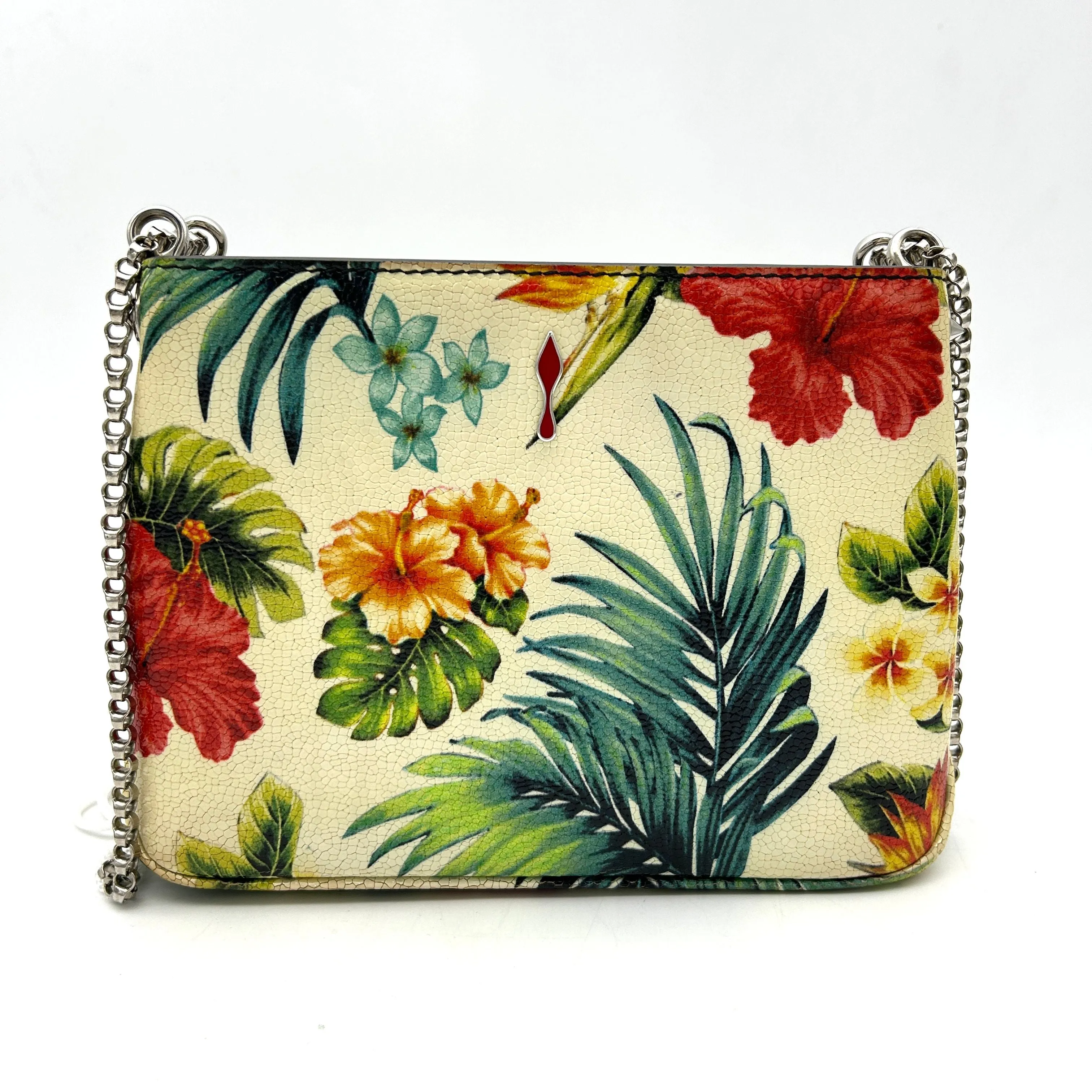 CHRISTIAN LOUBOUTIN Calfskin Studded Floral Mosaic Loubiclutch Crossbody Clutch White Multicolor LA13055
