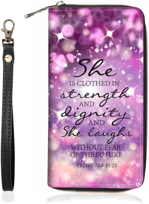 Christian Quote Bible Verse Proverbs 31:25 Print Wallet for Women Large Capacity Wallet Credit Card Holder PU Leather Zipper Clutch Purse Phone Wallet