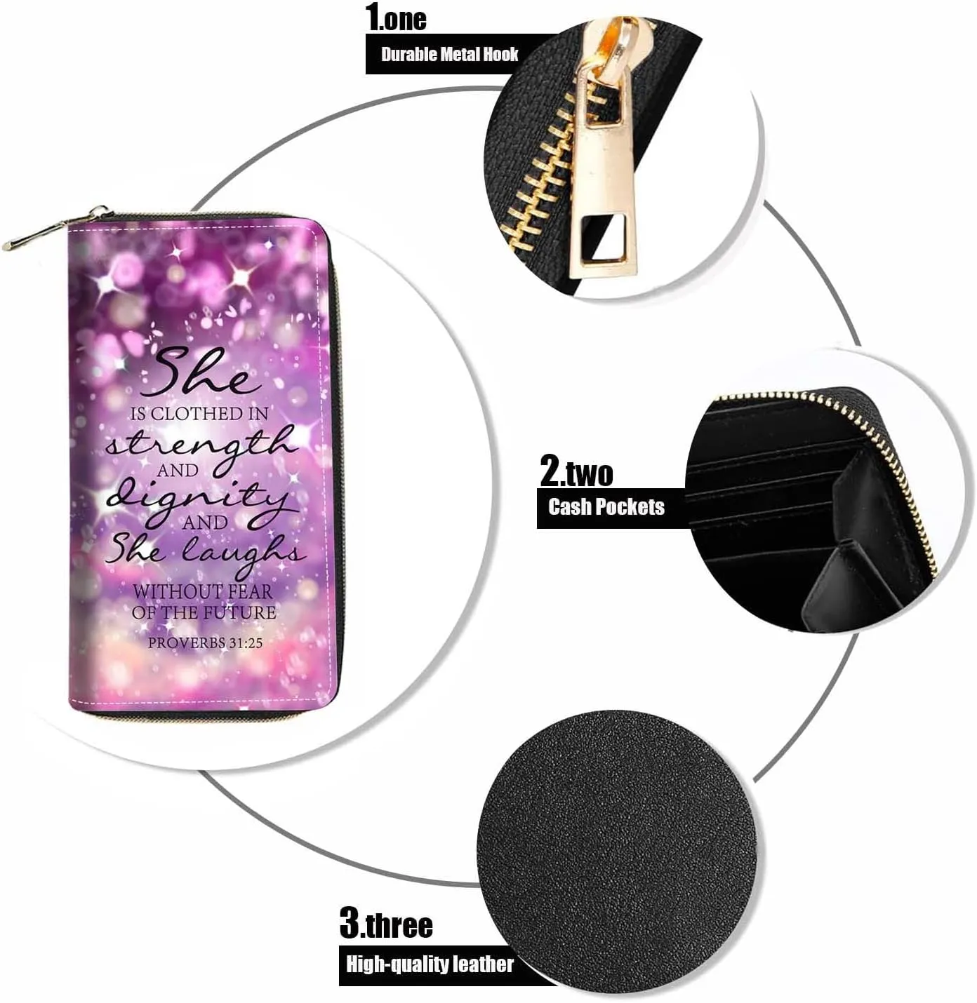 Christian Quote Bible Verse Proverbs 31:25 Print Wallet for Women Large Capacity Wallet Credit Card Holder PU Leather Zipper Clutch Purse Phone Wallet