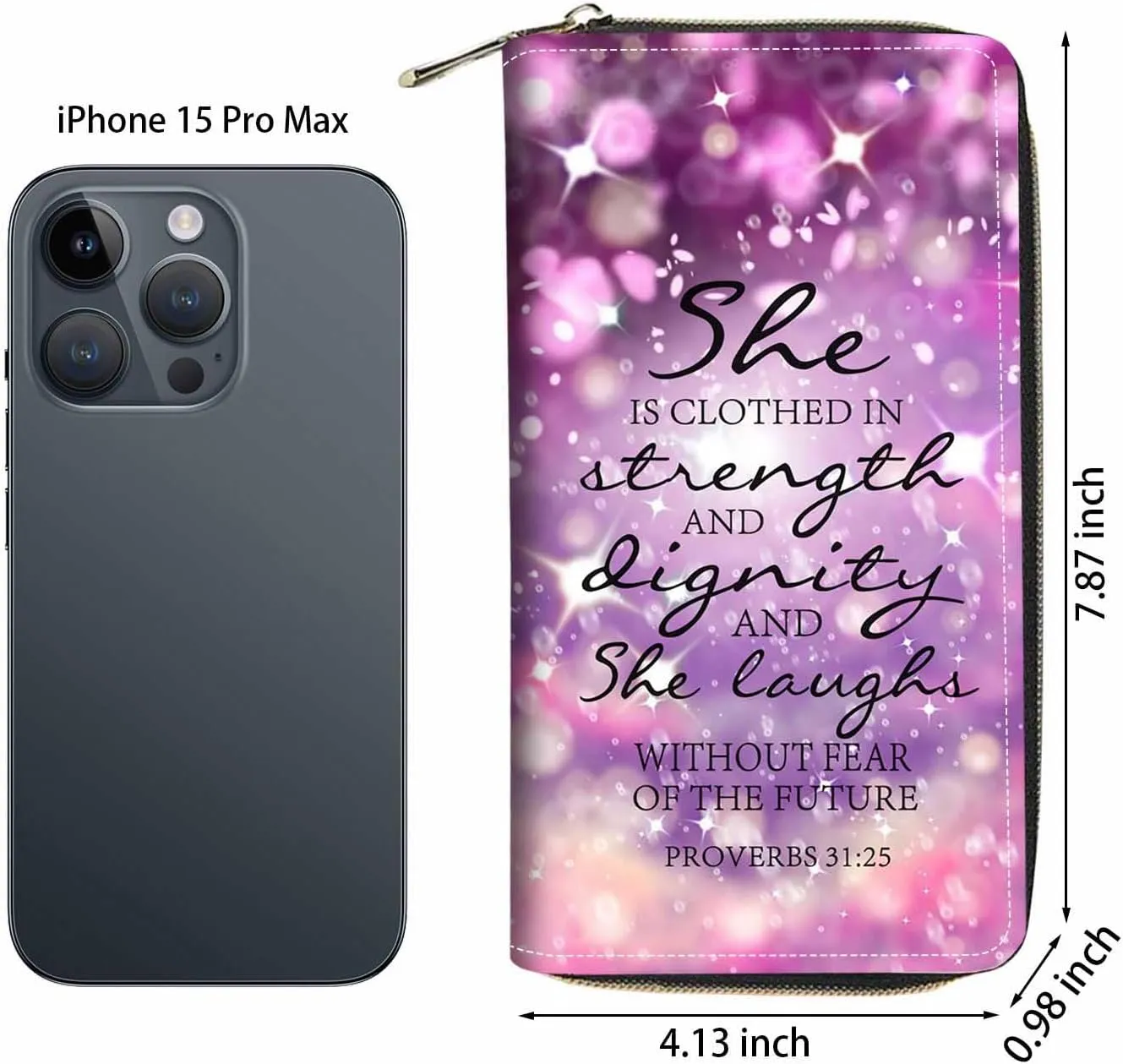 Christian Quote Bible Verse Proverbs 31:25 Print Wallet for Women Large Capacity Wallet Credit Card Holder PU Leather Zipper Clutch Purse Phone Wallet