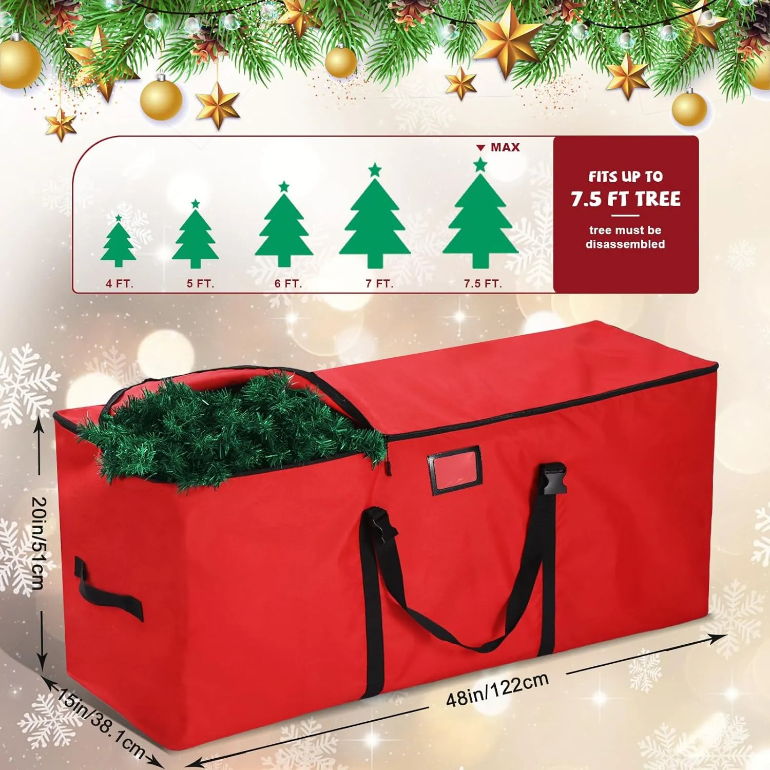 Christmas Tree Storage Bag, Fits Up to 7.5 Ft Xmas Trees, Heavy Duty Anti-Tear 600D Oxford with Reinforced Handle Dual Zippers Wide Opening, Exterior Pockets, Extra Large Moving Bags (Red)