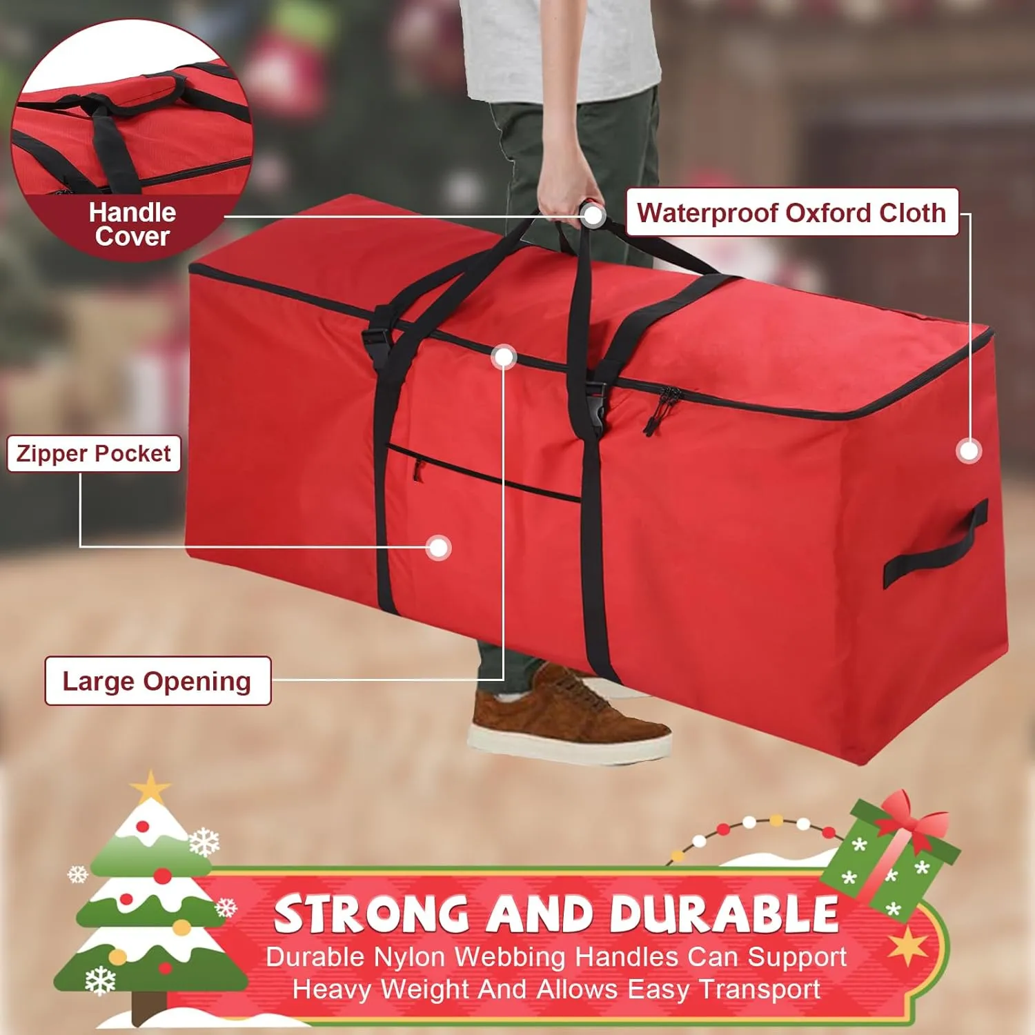 Christmas Tree Storage Bag, Fits Up to 7.5 Ft Xmas Trees, Heavy Duty Anti-Tear 600D Oxford with Reinforced Handle Dual Zippers Wide Opening, Exterior Pockets, Extra Large Moving Bags (Red)