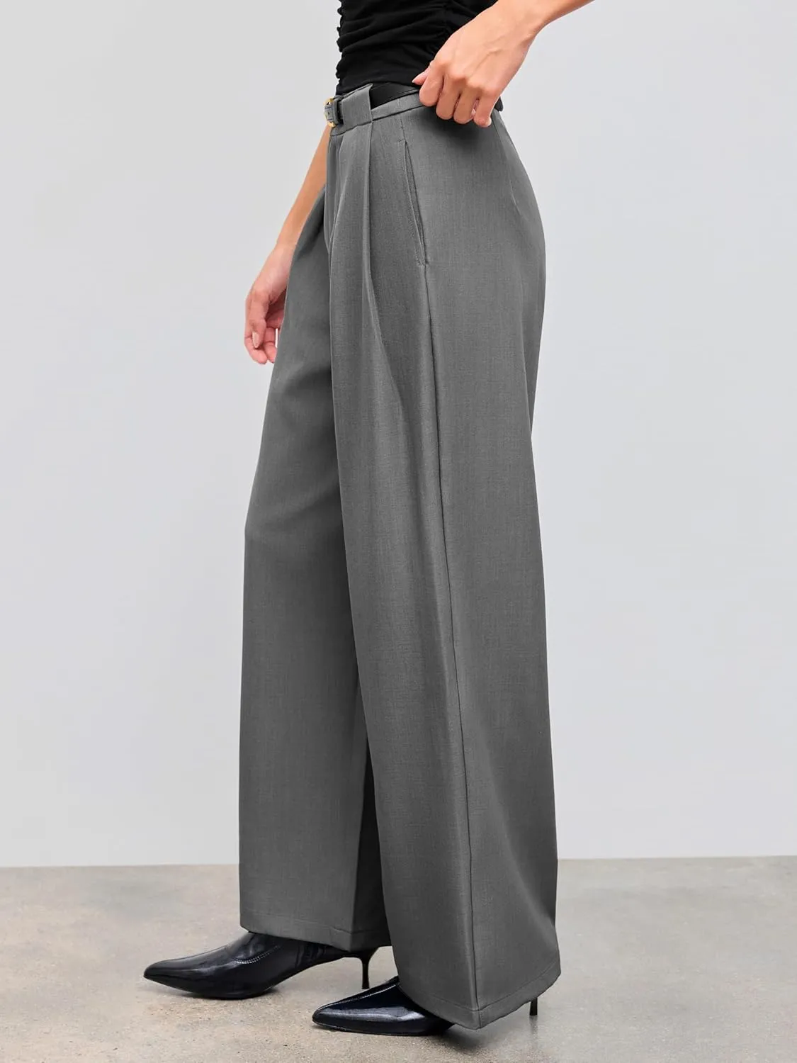 CIDER Mid Waist Solid Pocket Straight Leg Trousers with Belt