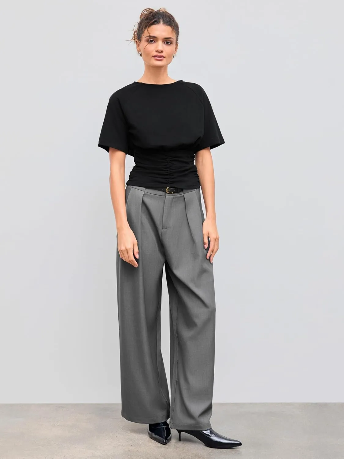 CIDER Mid Waist Solid Pocket Straight Leg Trousers with Belt