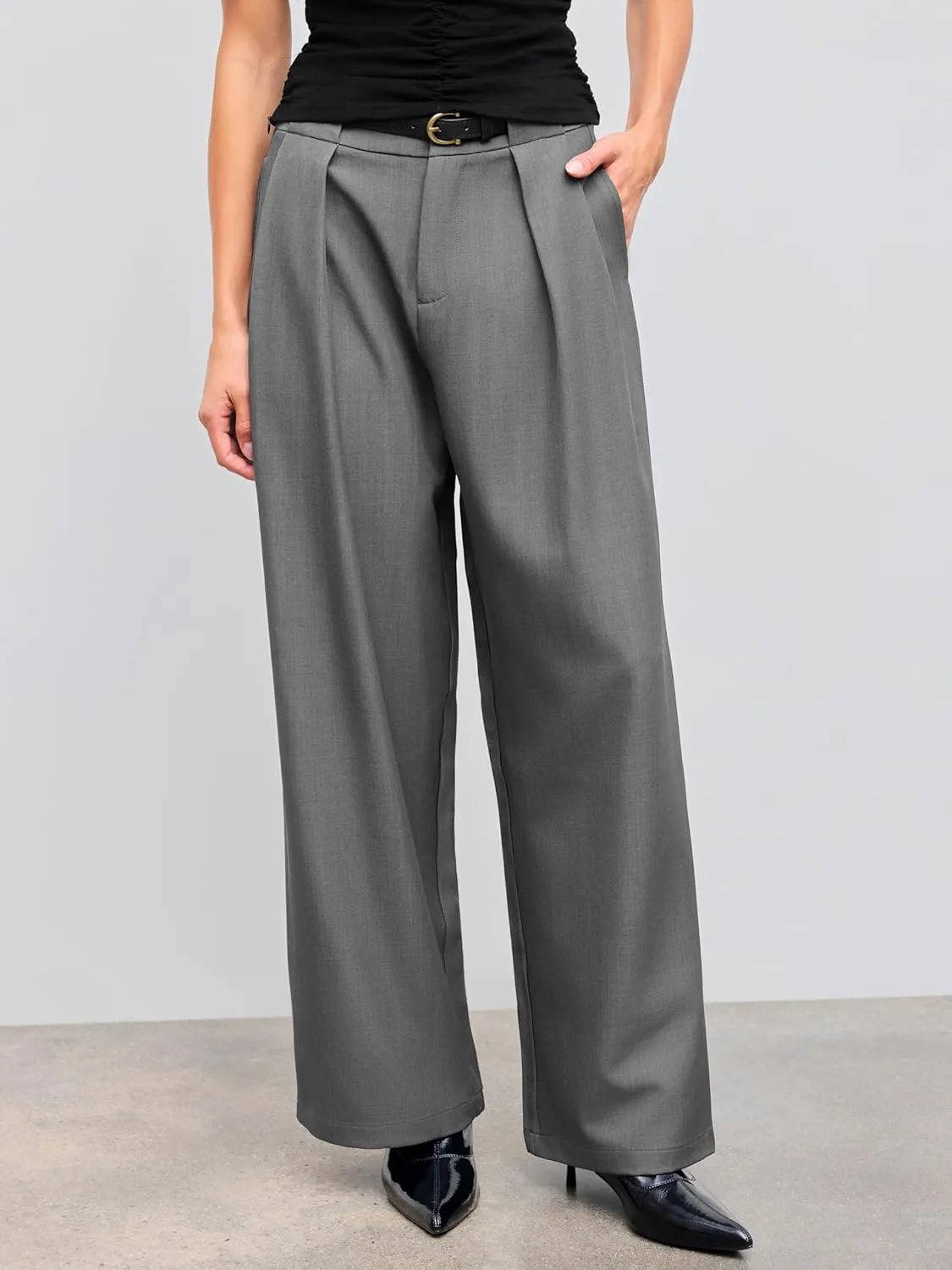 CIDER Mid Waist Solid Pocket Straight Leg Trousers with Belt