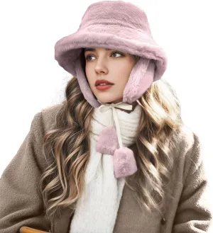 Clakllie Winter Bucket Hat with Earflaps Fuzzy Fishing Hat Warm Beach Sun Hat Wide Brim Fisherman Cap for Women Travel Hat