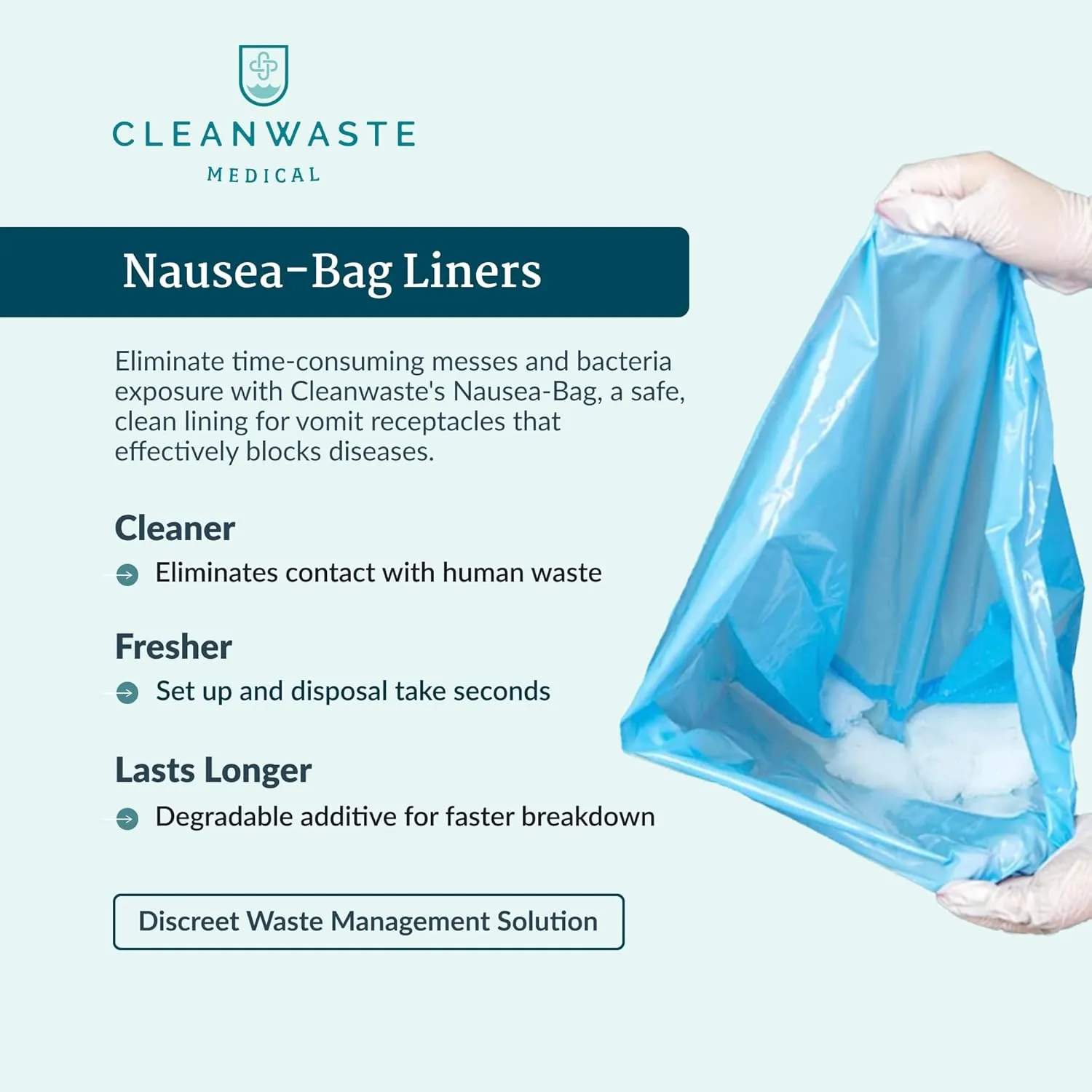Cleanwaste Medical Nausea Vomit Bag (Single Retail Box) - Instant Gelling Powder, Medical Grade, Leak-Free, Odor Control - for Hospitals, Facilities, Home Healthcare, Rideshare - (10 Drawstring Bags)