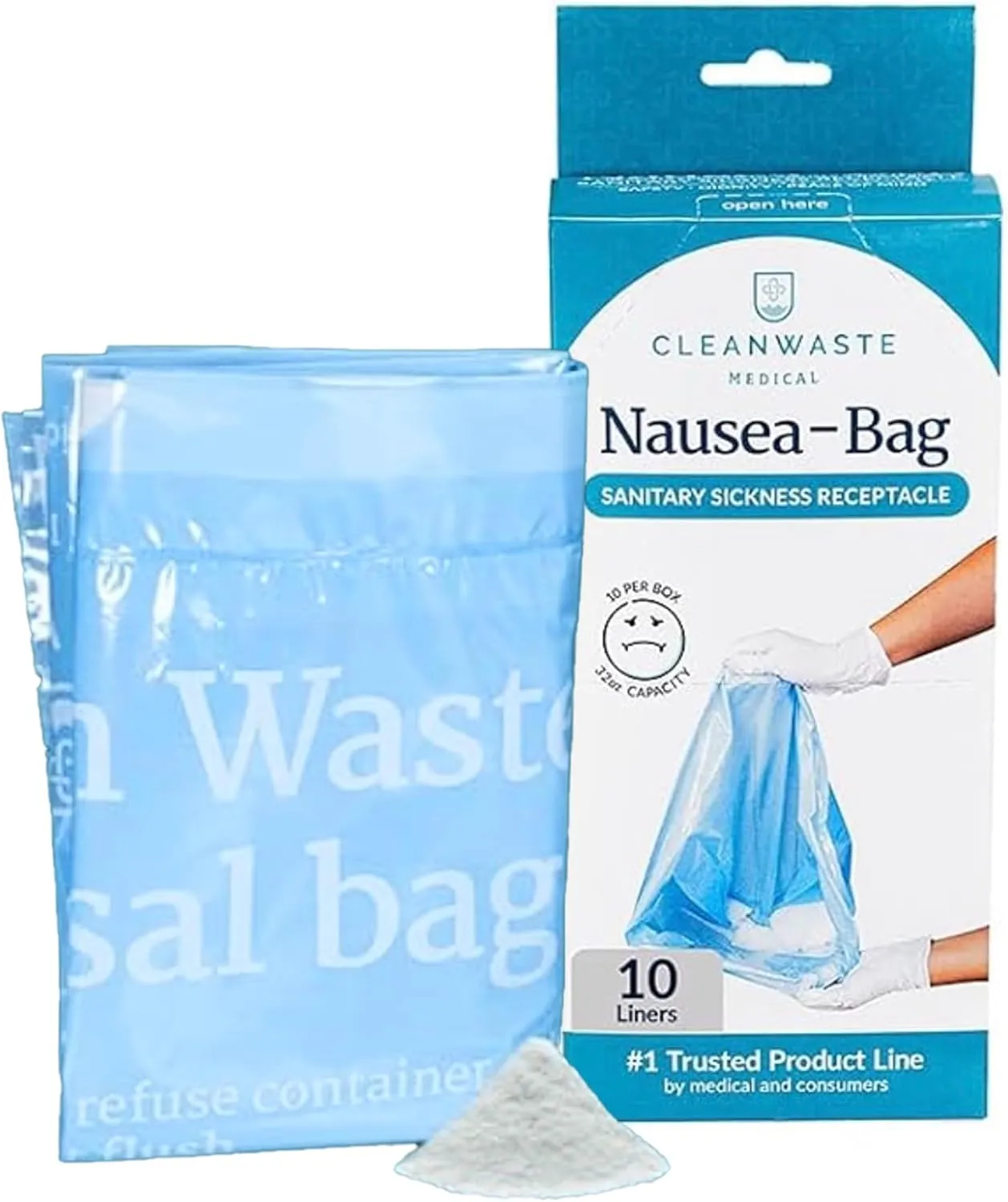 Cleanwaste Medical Nausea Vomit Bag (Single Retail Box) - Instant Gelling Powder, Medical Grade, Leak-Free, Odor Control - for Hospitals, Facilities, Home Healthcare, Rideshare - (10 Drawstring Bags)