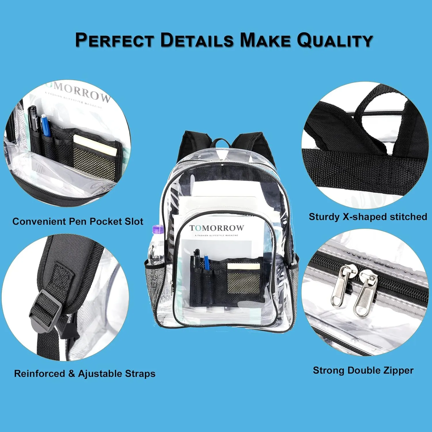 Clear Backpack Heavy Duty Clear Bookbag - Transparent Backpack See Through PVC Plastic Backpacks with Reinforced Straps for School Work,Boys Girls Kids - Black