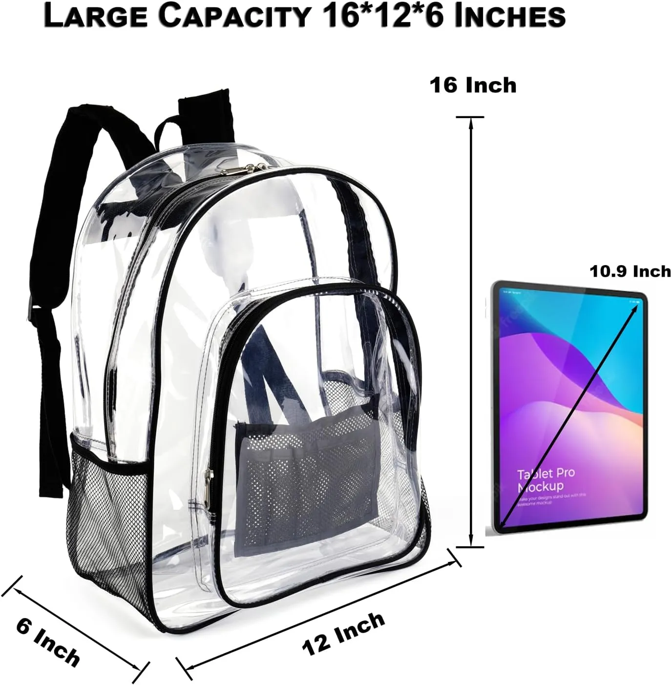 Clear Backpack Heavy Duty Clear Bookbag - Transparent Backpack See Through PVC Plastic Backpacks with Reinforced Straps for School Work,Boys Girls Kids - Black