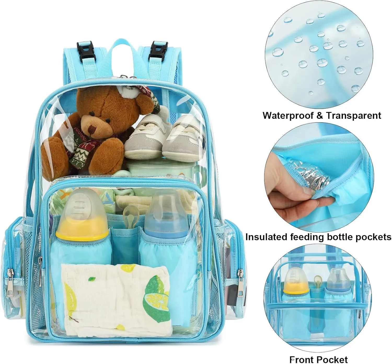 Clear Diaper Bag Backpack for Baby Girls Boys, Mom Nappy Changing Bags for Women (Light Blue)