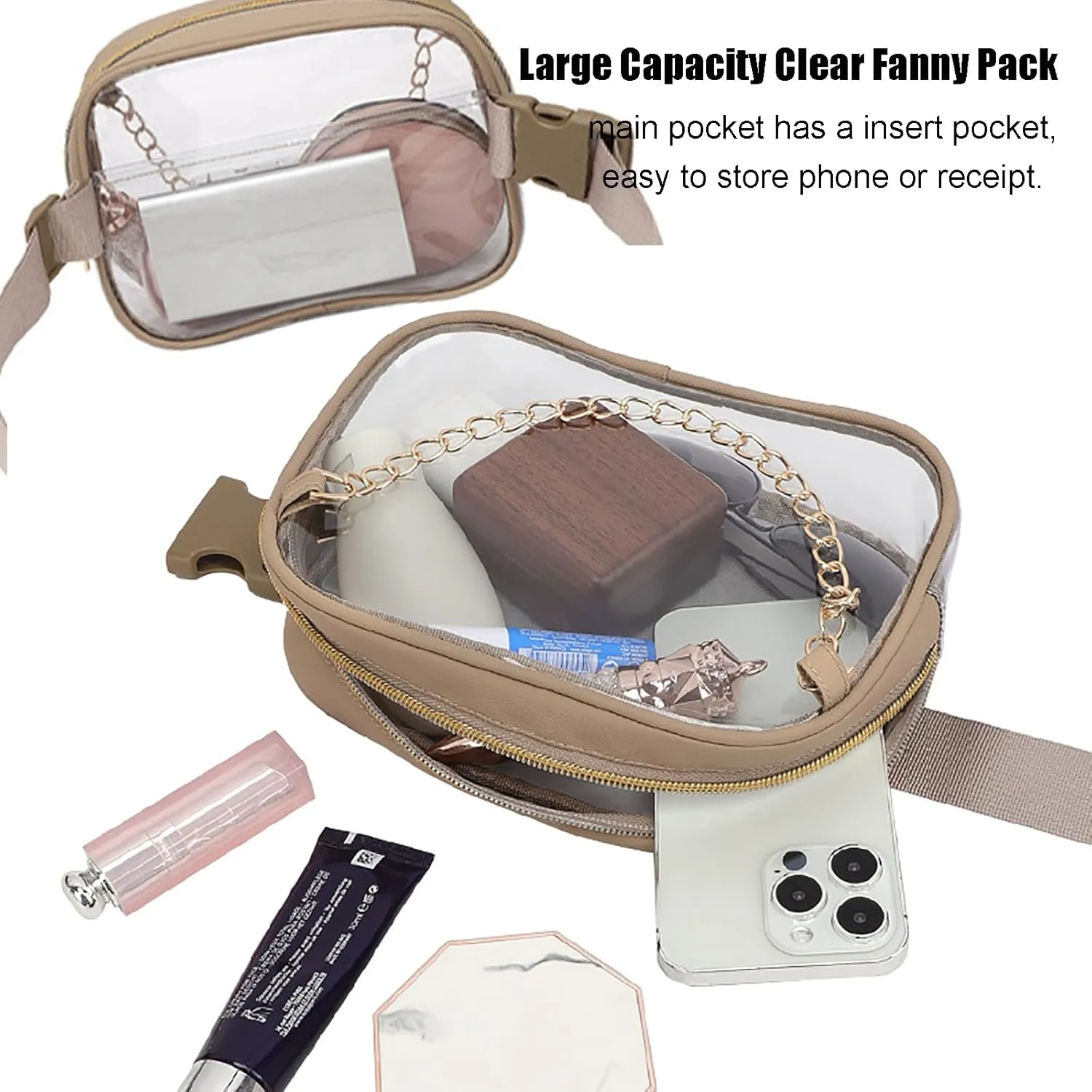 Clear Fanny Pack Stadium Events Clear Waist Bag for Women Waterproof Transparent Waist Pack for Concerts Game (White)