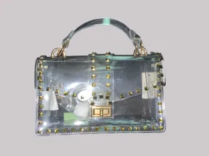 Clear Gold Studded Clutch Purse   Beaded Wifey Strap Non-Adjustable