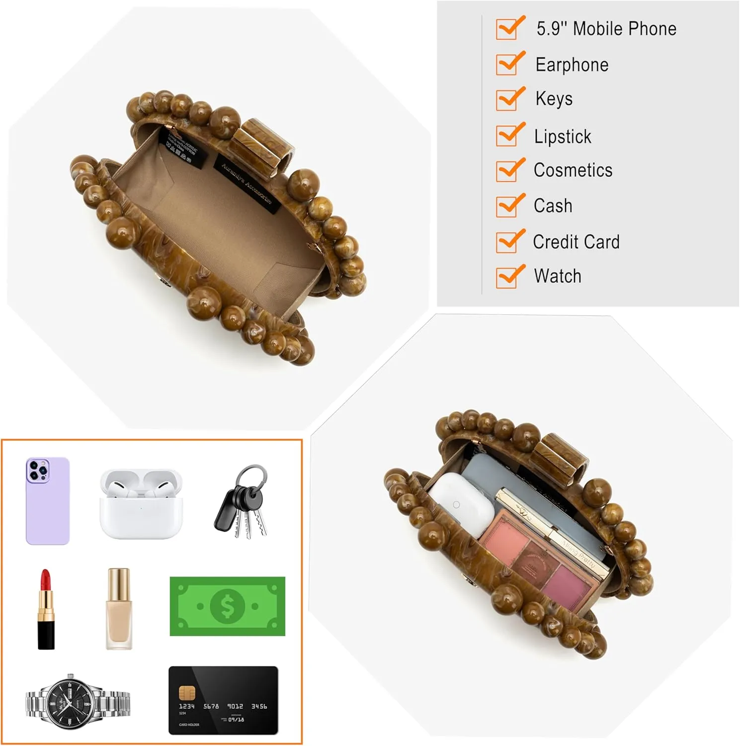 Clutch Bag for Women Oval Beads Purse Wedding Prom Party Marble Texture Acrylic Evening Bag Shoulder Crossbody Bag