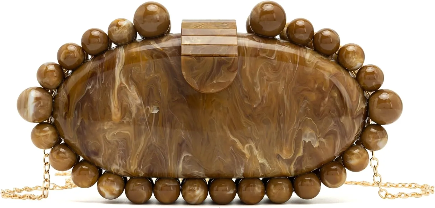 Clutch Bag for Women Oval Beads Purse Wedding Prom Party Marble Texture Acrylic Evening Bag Shoulder Crossbody Bag