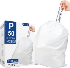 Code P (50 Count) 13-16 Gallon Heavy Duty Drawstring Plastic Trash Bags Compatible with simplehuman Code P | 1.2 Mil | White| 50-60 Liter