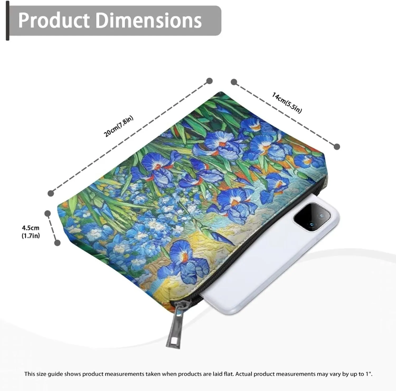 COEQINE Leather Cosmetic Purses for Women Wedding Floral Makeup Bag Organizer Portable Travel Lisptic Pouch With Zipper Womens Evening Wedding Party Cosmetic Purse Wallet,Iris Floral Art Print