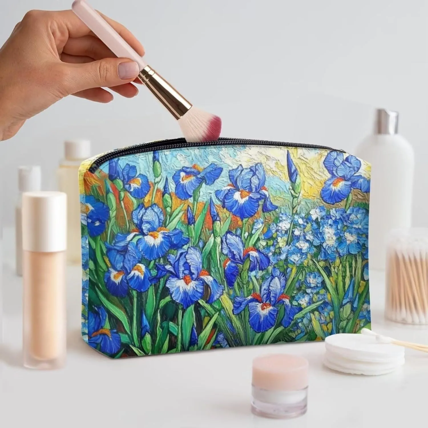 COEQINE Leather Cosmetic Purses for Women Wedding Floral Makeup Bag Organizer Portable Travel Lisptic Pouch With Zipper Womens Evening Wedding Party Cosmetic Purse Wallet,Iris Floral Art Print
