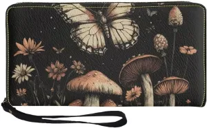 Coldinair Black Butterfly Women's RFID Blocking PU Leather Zip Around Wallet Mushroom Clutch Travel Purse with Wristlet