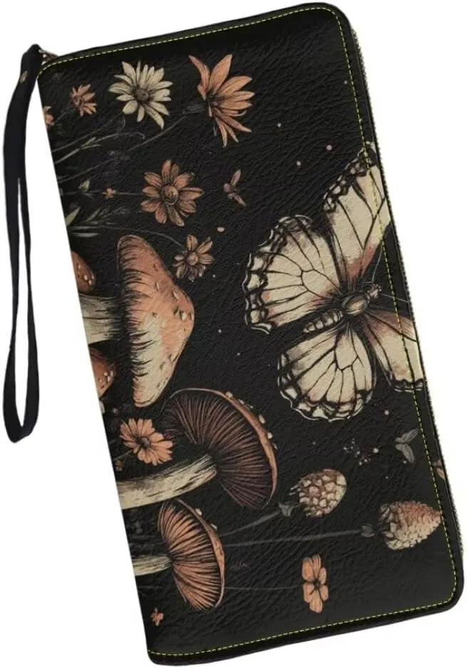 Coldinair Black Butterfly Women's RFID Blocking PU Leather Zip Around Wallet Mushroom Clutch Travel Purse with Wristlet