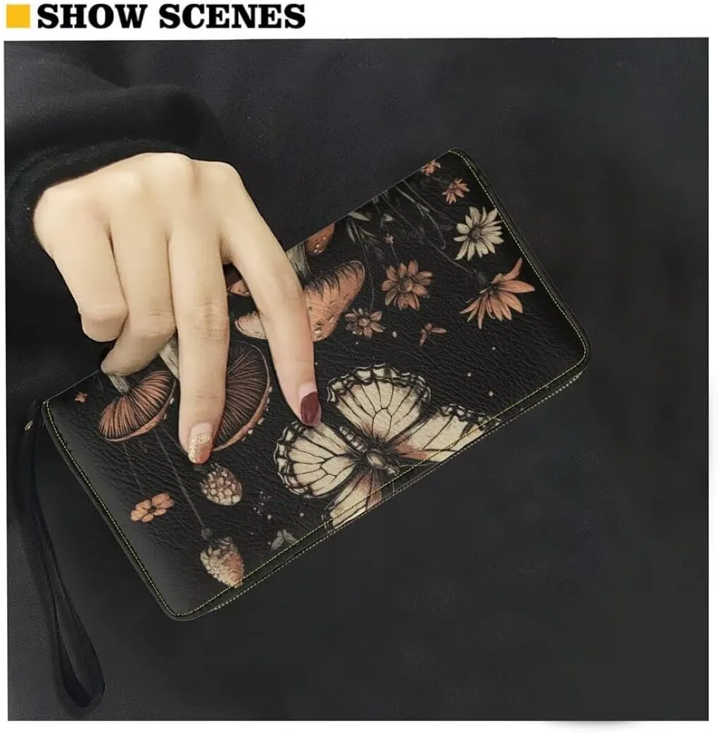 Coldinair Black Butterfly Women's RFID Blocking PU Leather Zip Around Wallet Mushroom Clutch Travel Purse with Wristlet