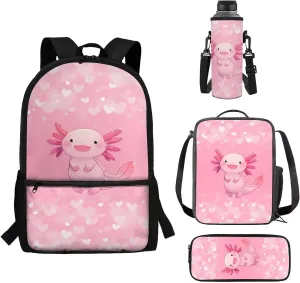 Coloranimal Cute Axolotl Pink Backpack Kids Bookbag for Girls School Bag with Handbag Pen Bag Water Bottle Sleeve Shoulder Bag for Primary Elementary Kids Back to School Gifts Travel Rucksack,4PCS