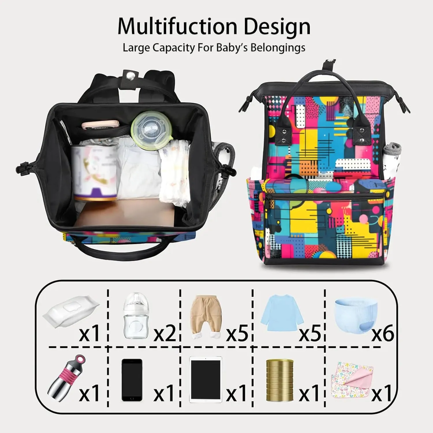 Colorful Layered Fusion Double Shoulder Mommy Bag for Women, Polyester Large Capacity Diaper Backpack with Multi Pockets, Waterproof Adjustable Straps Diaper Bag for Moms Dads, 11''×7''×15.7''