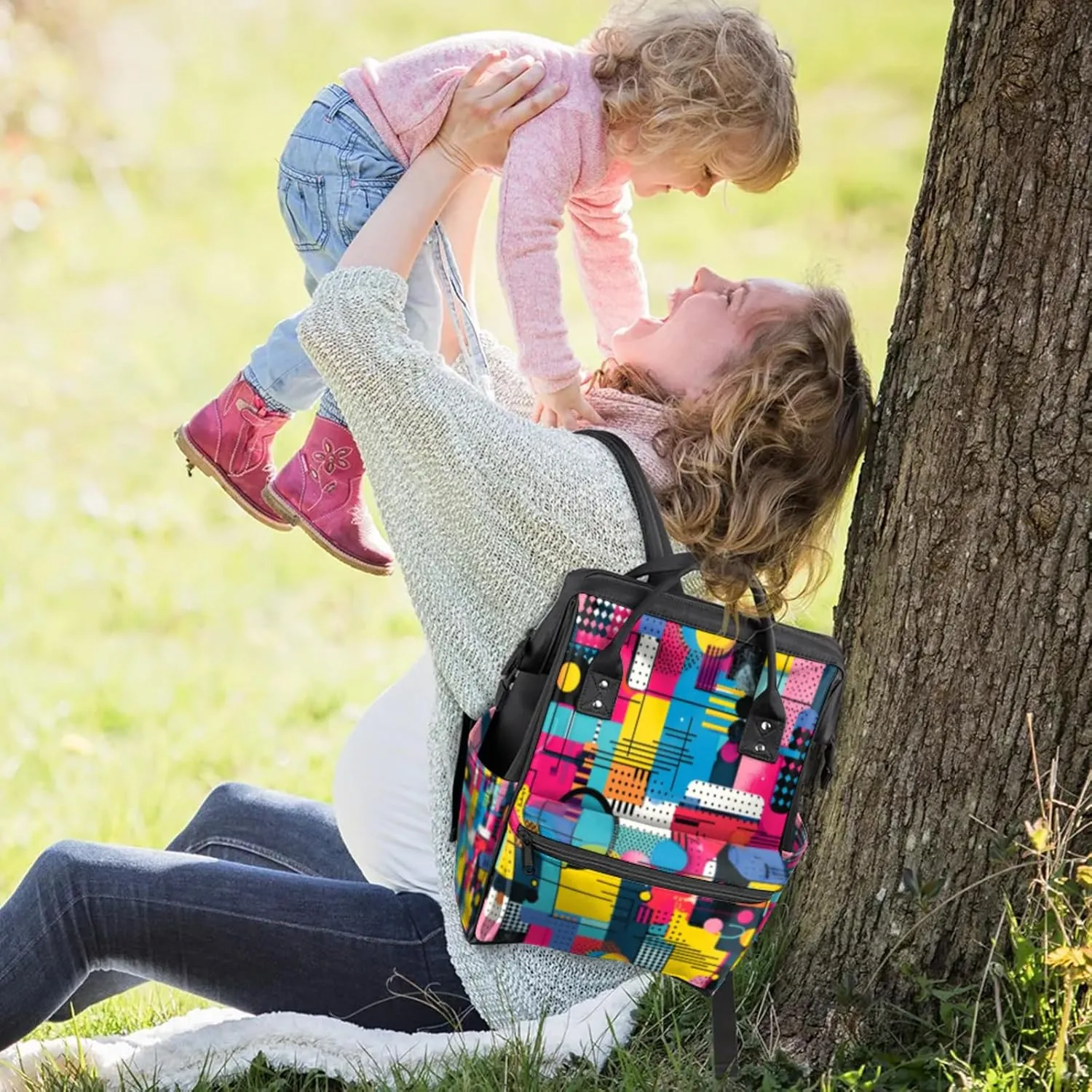 Colorful Layered Fusion Double Shoulder Mommy Bag for Women, Polyester Large Capacity Diaper Backpack with Multi Pockets, Waterproof Adjustable Straps Diaper Bag for Moms Dads, 11''×7''×15.7''