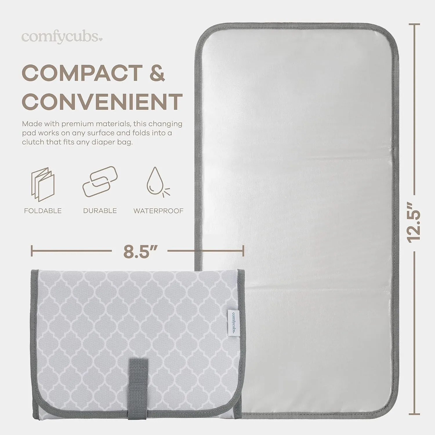 Comfy Cubs Baby Changing Pad Compact Size - Waterproof Diaper Changing Mat with Cushioned Pillow - Soft & Lightweight, Foldable Design for Travel - Stylish Design for Boys and Girls - Grey Pattern